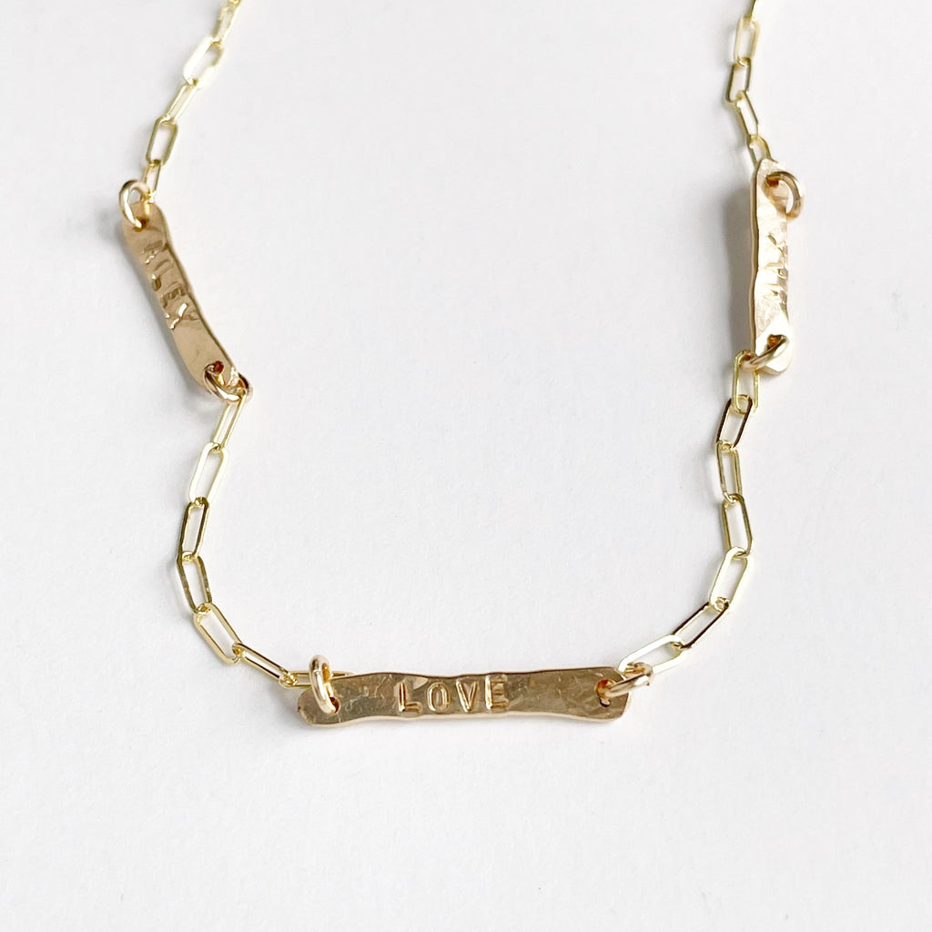 Gold hand forged stamped 3 bar necklace. Tribe Necklace by Sarah Cornwell Jewelry
